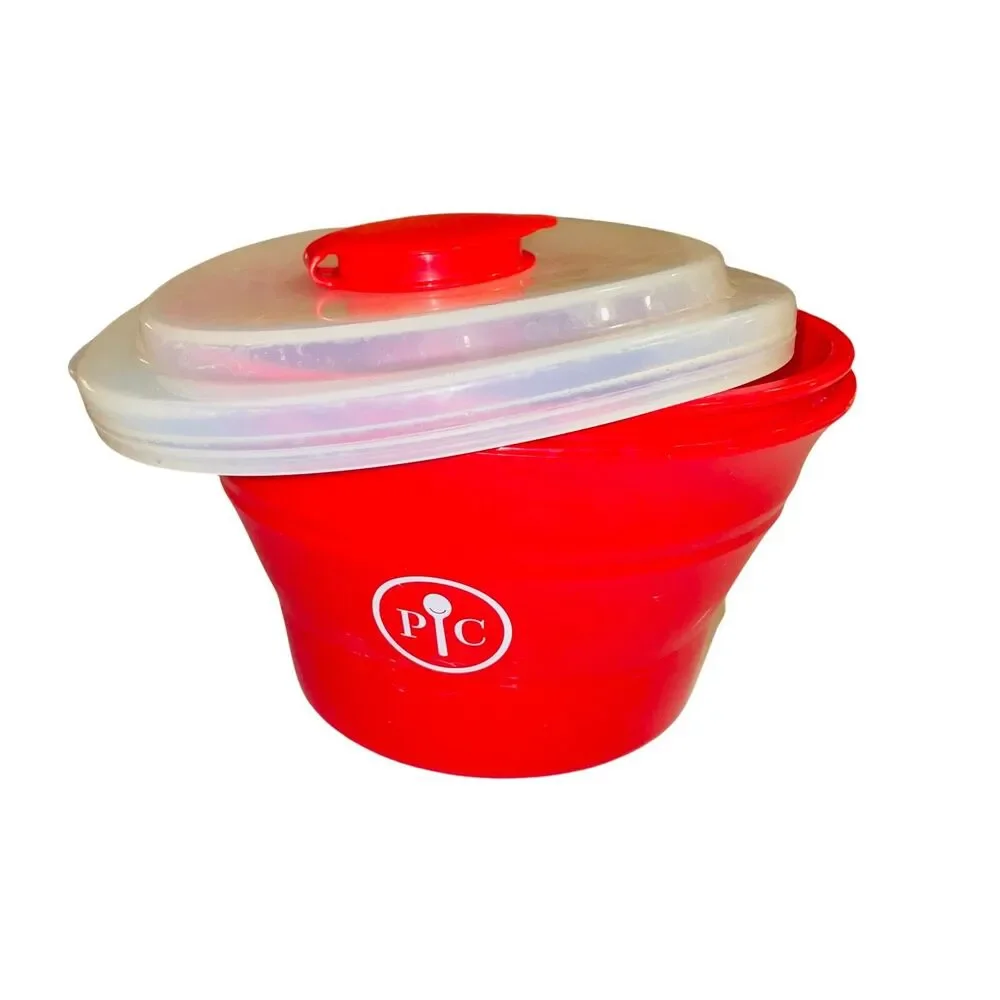 Pampered Chef Microwave Popcorn Maker Bowl Red Silicone Collapsible Lid #1457